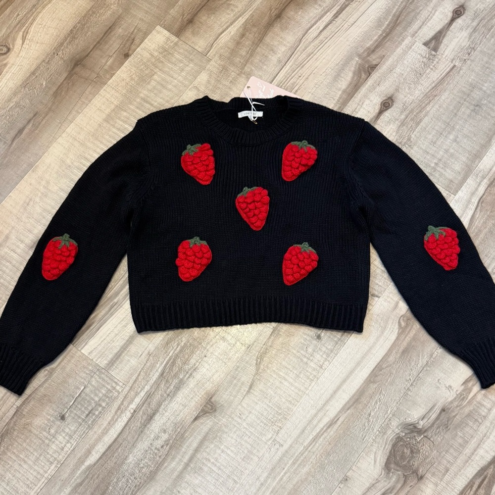 Women’s Black Strawberry 3D Appliqué Knit Sweater - Picture 4 of 6